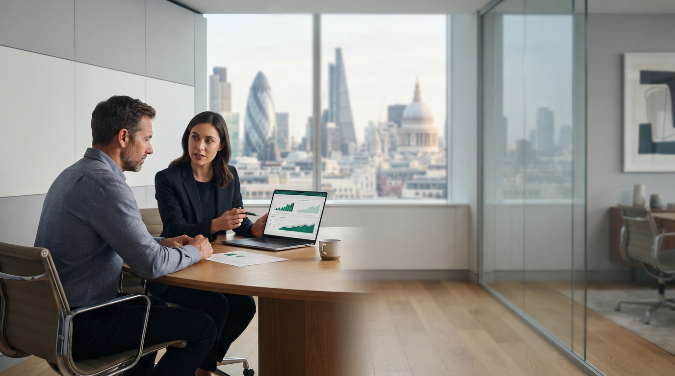 Quvra Vale advisors reviewing portfolio strategy in a modern office
